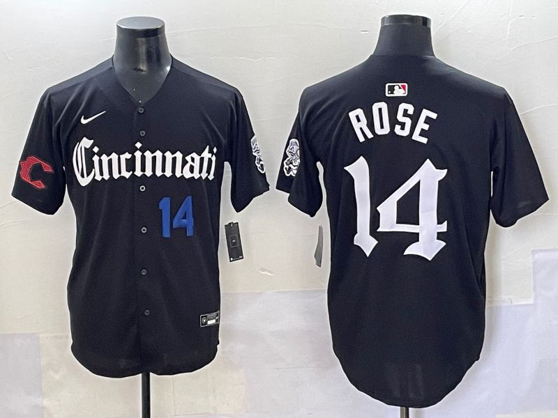 Men 2025 Cincinnati Reds #14 Rose Black Five generations Joint Name Nike MLB Jersey style 3